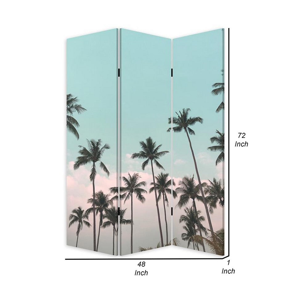 72 Inch 3 Panel Canvas Foldable Room Divider, Blue Sky, Palm Trees, Black - BM276720
