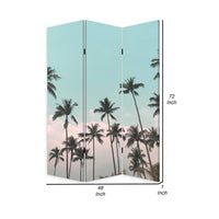 72 Inch 3 Panel Canvas Foldable Room Divider, Blue Sky, Palm Trees, Black - BM276720