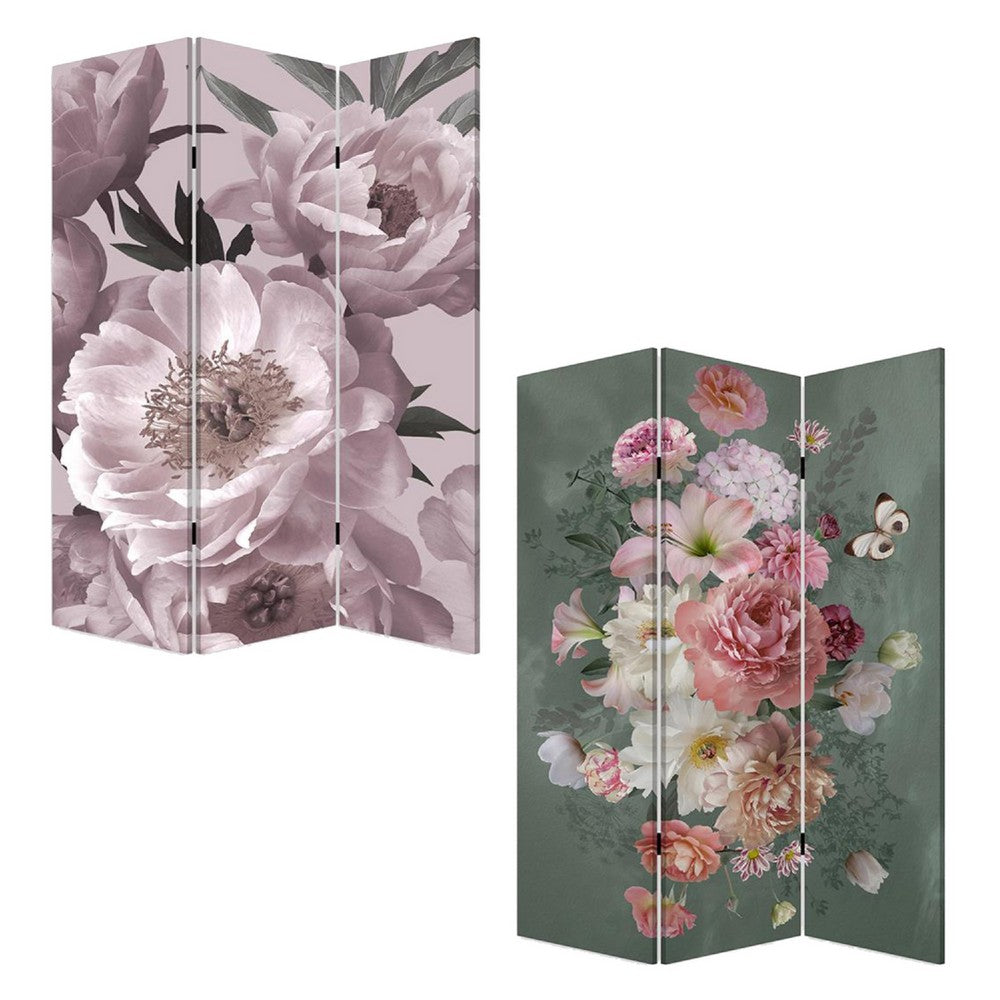 72 Inch 3 Panel Canvas Foldable Screen Room Divider, Purple Floral Design - BM276721