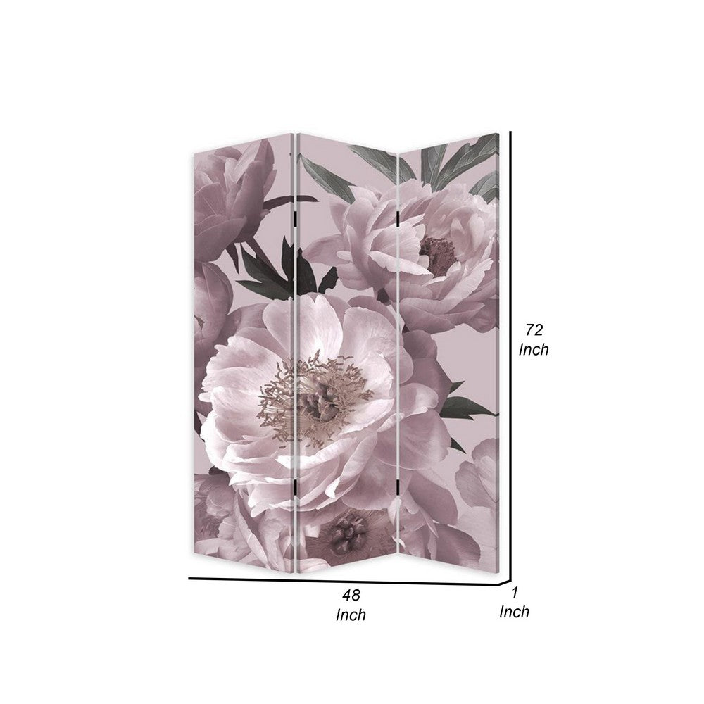 72 Inch 3 Panel Canvas Foldable Screen Room Divider, Purple Floral Design - BM276721