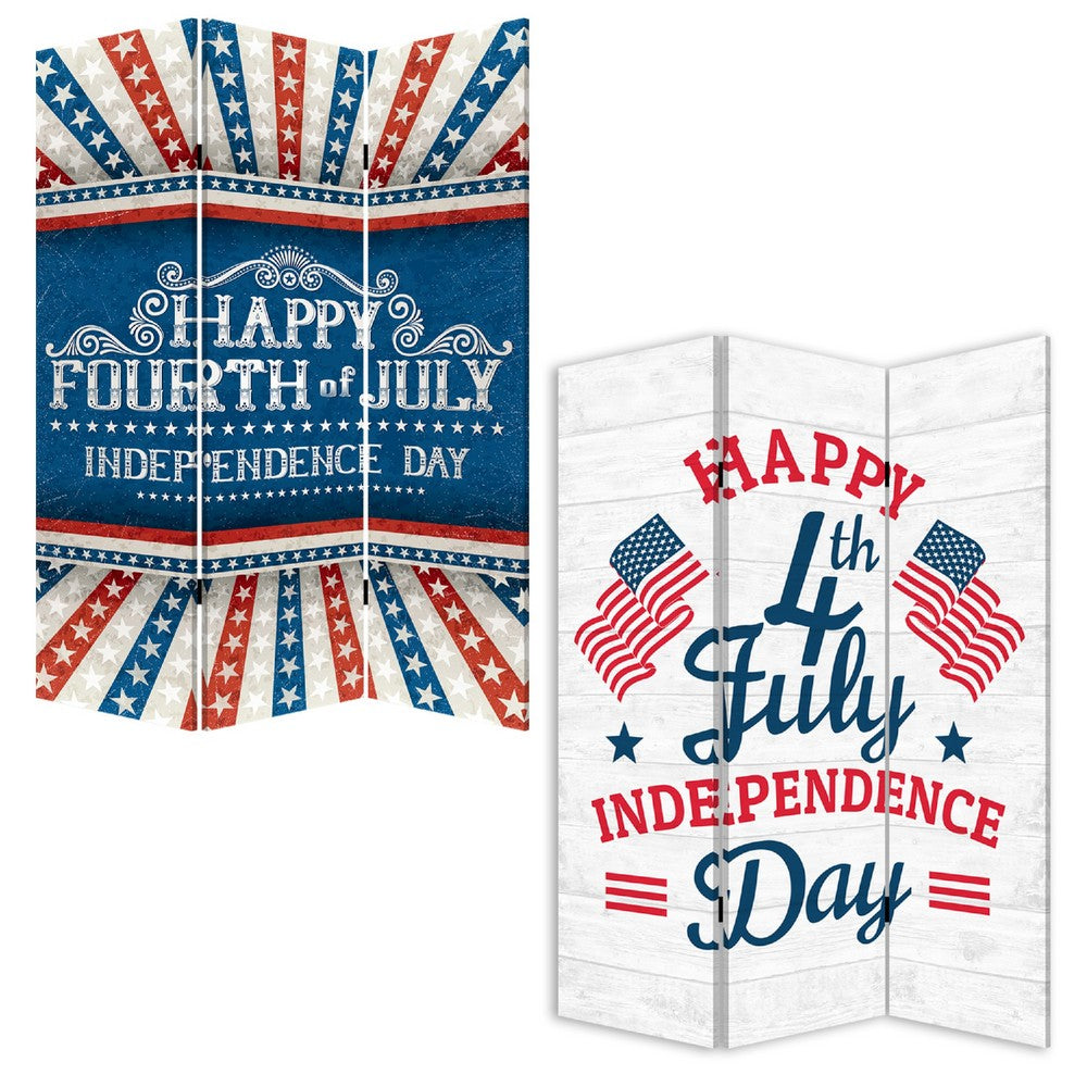 72 Inch 3 Panel Canvas Room Divider, Independence Day, Flag, Blue, Red - BM276726