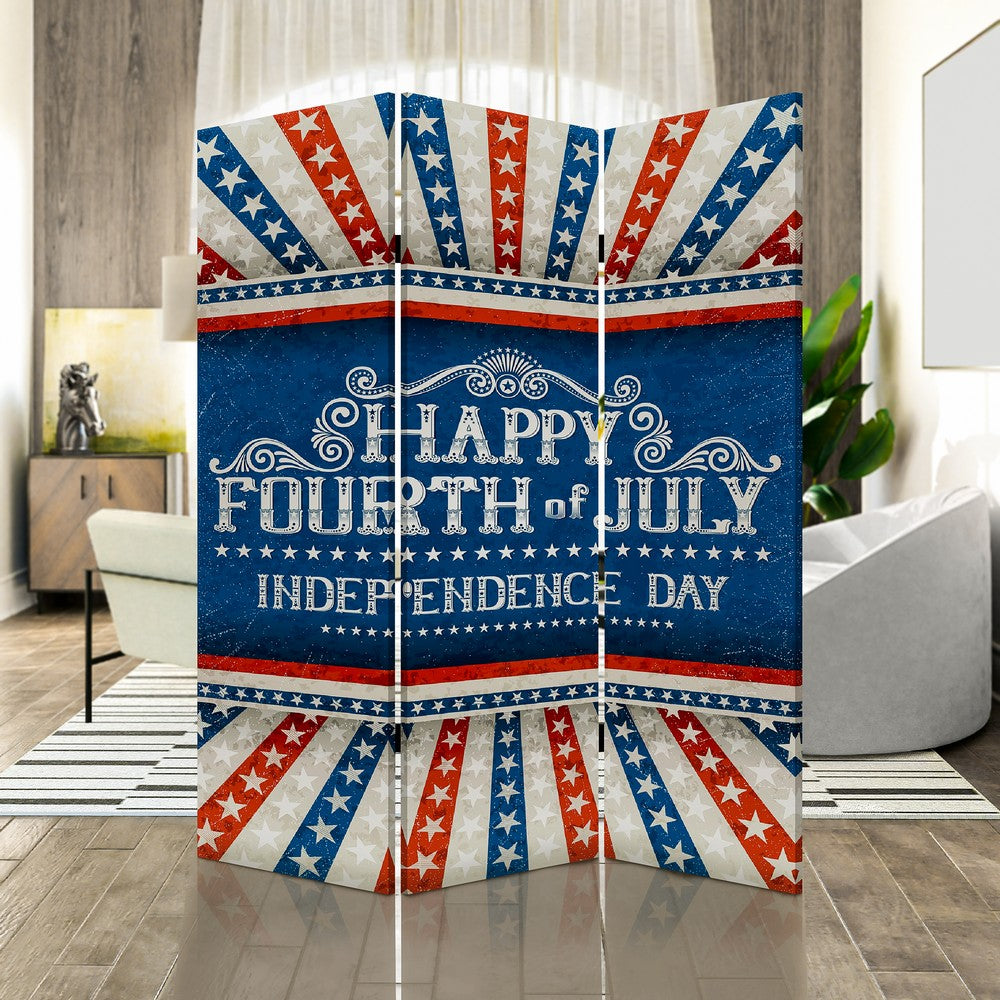 72 Inch 3 Panel Canvas Room Divider, Independence Day, Flag, Blue, Red - BM276726