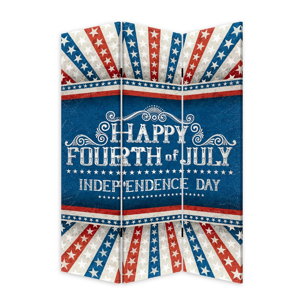 72 Inch 3 Panel Canvas Room Divider, Independence Day, Flag, Blue, Red - BM276726