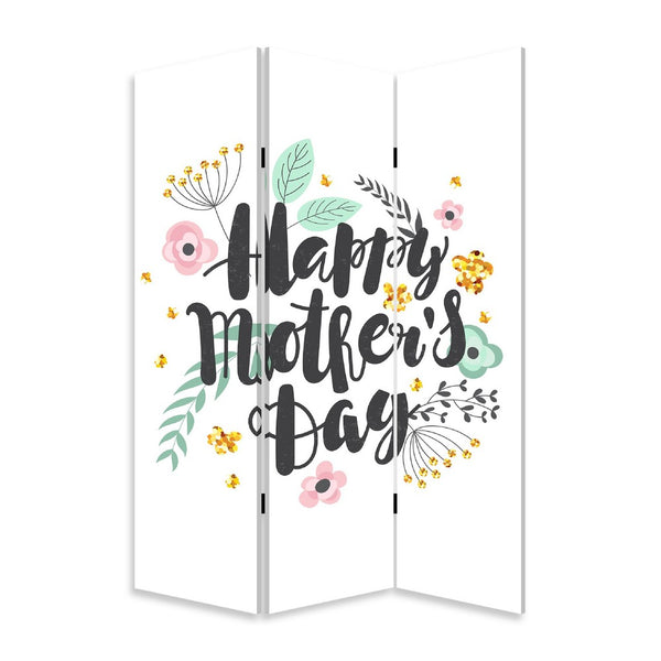72 Inch 3 Panel Canvas Room Divider, Black Painted Mothers Day, White - BM276727