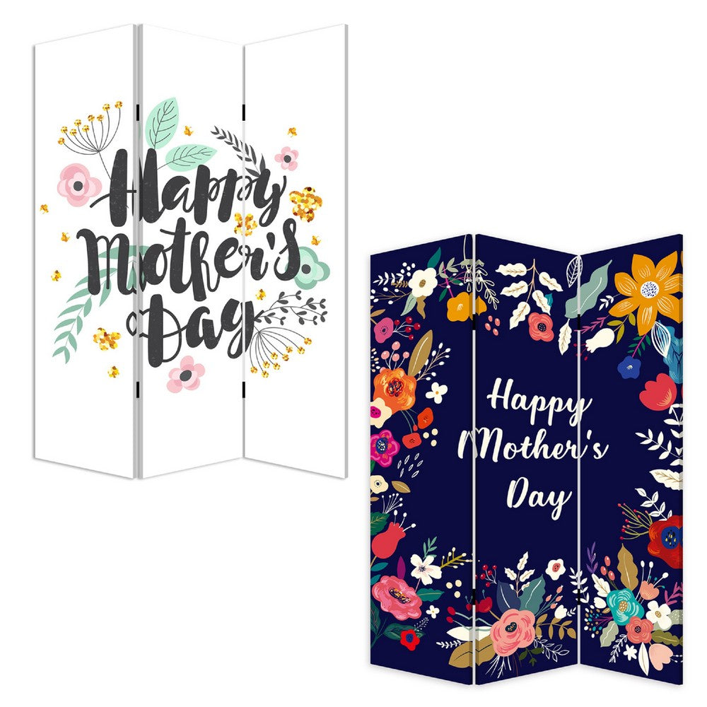72 Inch 3 Panel Canvas Room Divider, Black Painted Mothers Day, White - BM276727