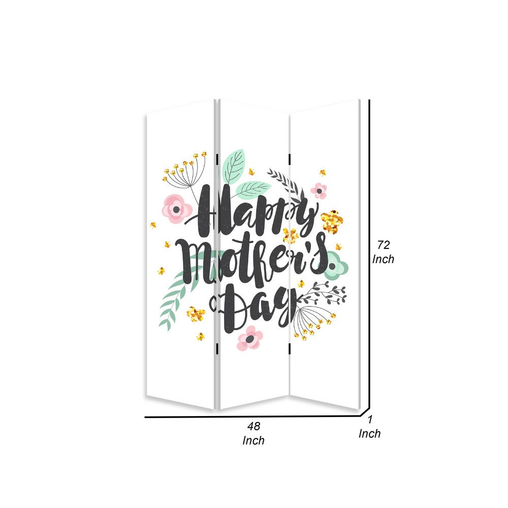 72 Inch 3 Panel Canvas Room Divider, Black Painted Mothers Day, White - BM276727