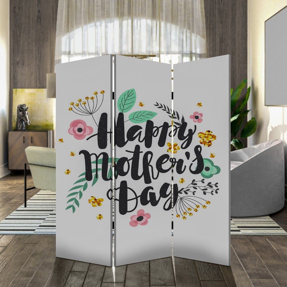 72 Inch 3 Panel Canvas Room Divider, Black Painted Mothers Day, White - BM276727