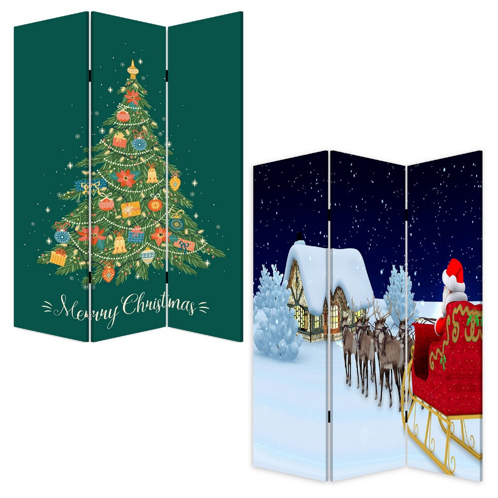 72 Inch 3 Panel Canvas Screen Room Divider, Painted Christmas Tree, Green - BM276728