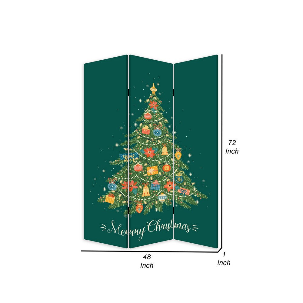 72 Inch 3 Panel Canvas Screen Room Divider, Painted Christmas Tree, Green - BM276728