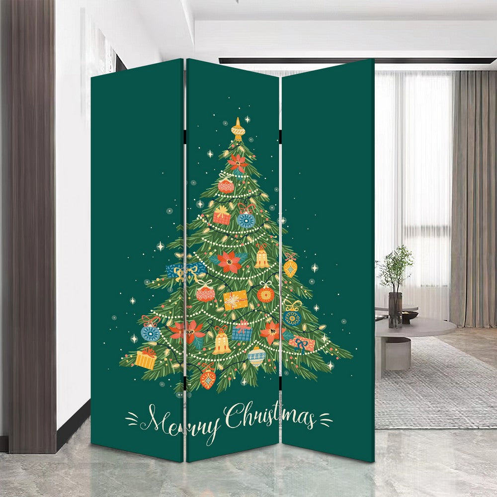 72 Inch 3 Panel Canvas Screen Room Divider, Painted Christmas Tree, Green - BM276728