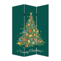 72 Inch 3 Panel Canvas Screen Room Divider, Painted Christmas Tree, Green - BM276728
