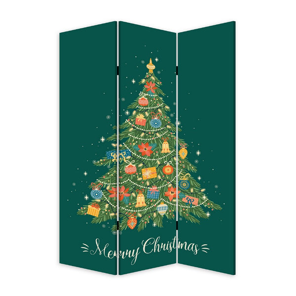 72 Inch 3 Panel Canvas Screen Room Divider, Painted Christmas Tree, Green - BM276728