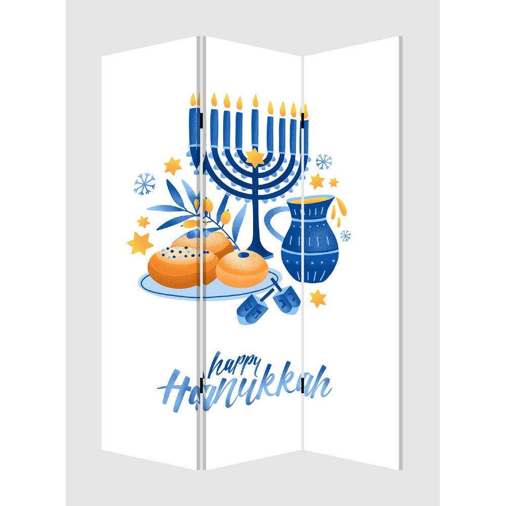 72 Inch 3 Panel Canvas Foldable Room Divider, Hanukkah Symbol, Multicolor - BM276729