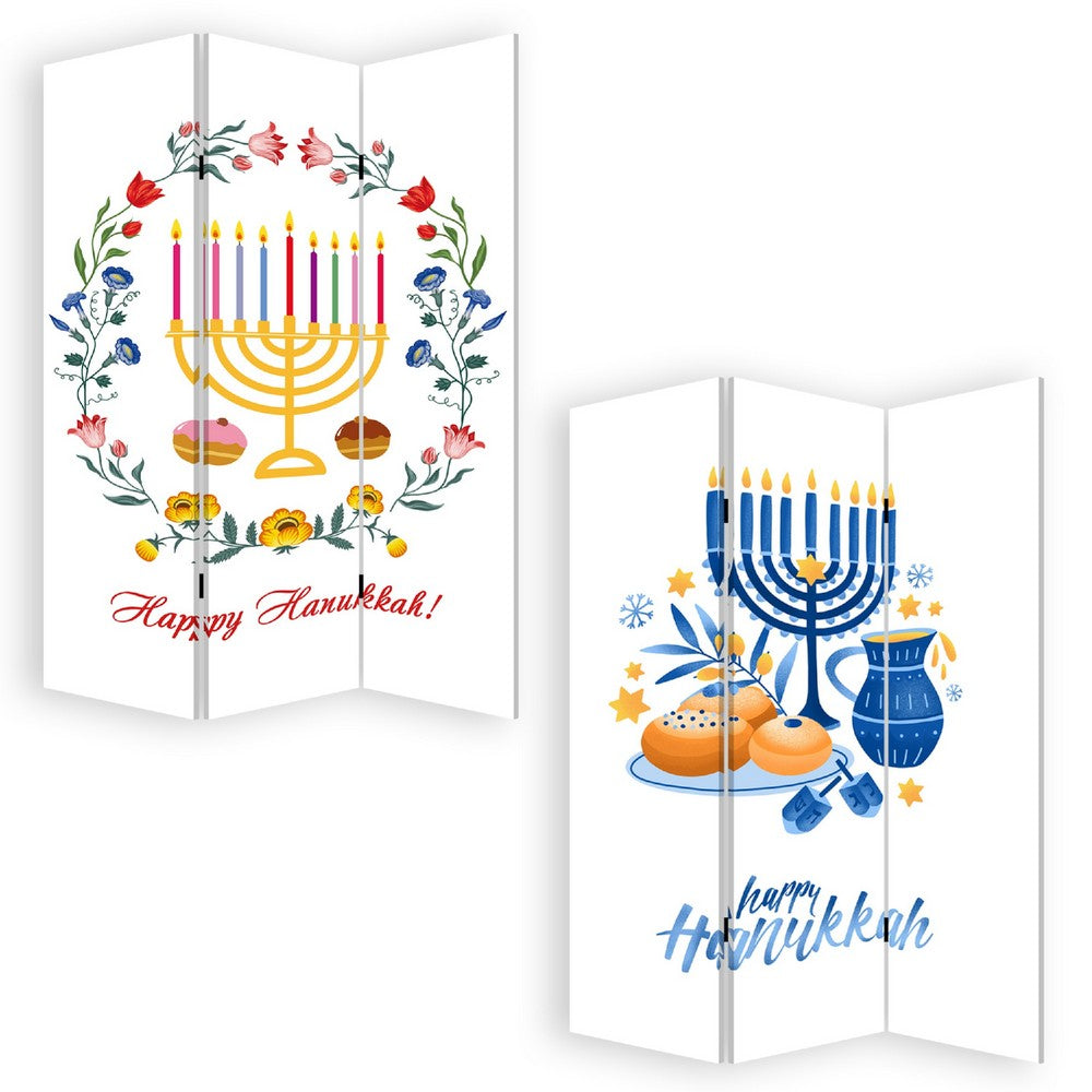 72 Inch 3 Panel Canvas Foldable Room Divider, Hanukkah Symbol, Multicolor - BM276729