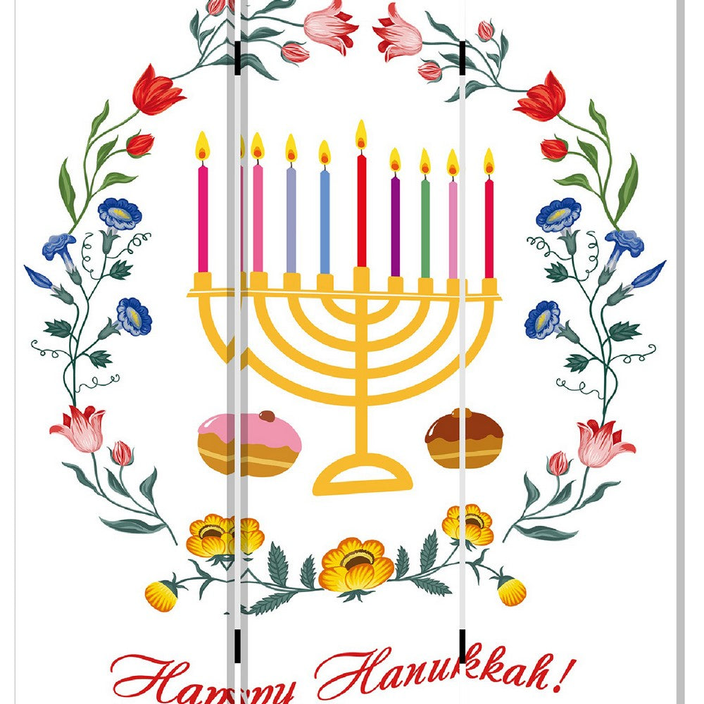 72 Inch 3 Panel Canvas Foldable Room Divider, Hanukkah Symbol, Multicolor - BM276729