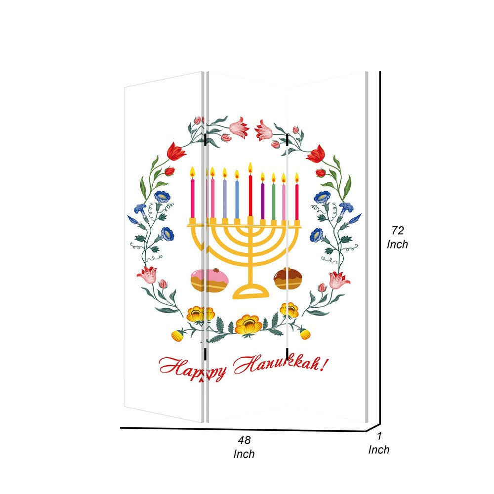 72 Inch 3 Panel Canvas Foldable Room Divider, Hanukkah Symbol, Multicolor - BM276729