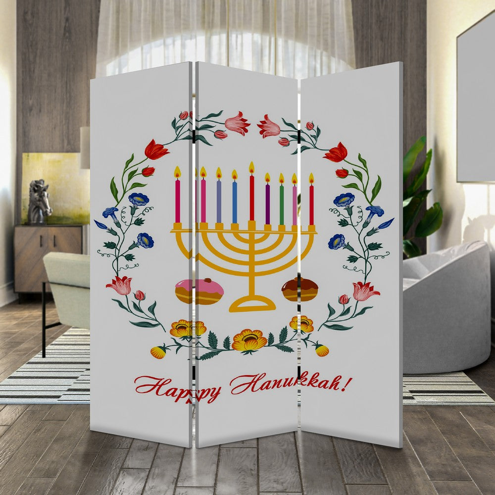 72 Inch 3 Panel Canvas Foldable Room Divider, Hanukkah Symbol, Multicolor - BM276729