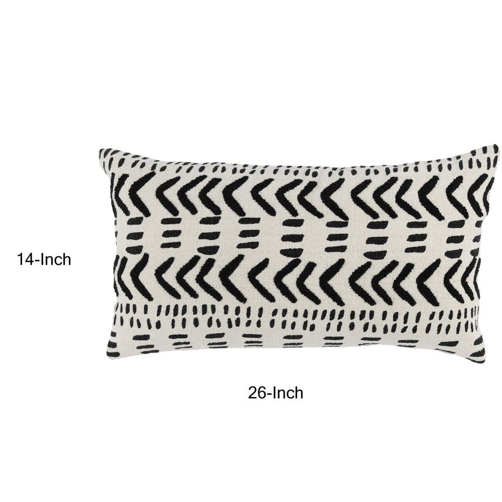 26 Inch Cotton Decorative Lumbar Throw Pillow, Tribal Pattern, Black, White By Casagear Home