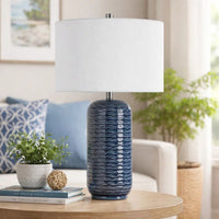 27 Inch Ceramic Table Lamp, Wavy Texture, Blue, Silver, White - BM277028