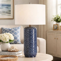 27 Inch Ceramic Table Lamp, Wavy Texture, Blue, Silver, White - BM277028