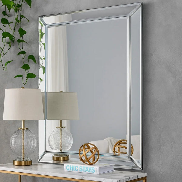 39 Inch Wood Mirror, Mirrored Frame, Beveled Panels, Silver - BM277038