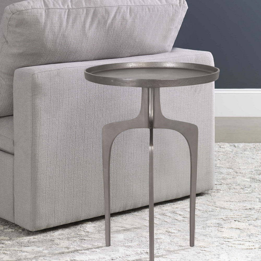 22 Inch Metal Round Accent Table, Three Curved Legs, Nickel Silver - BM277049