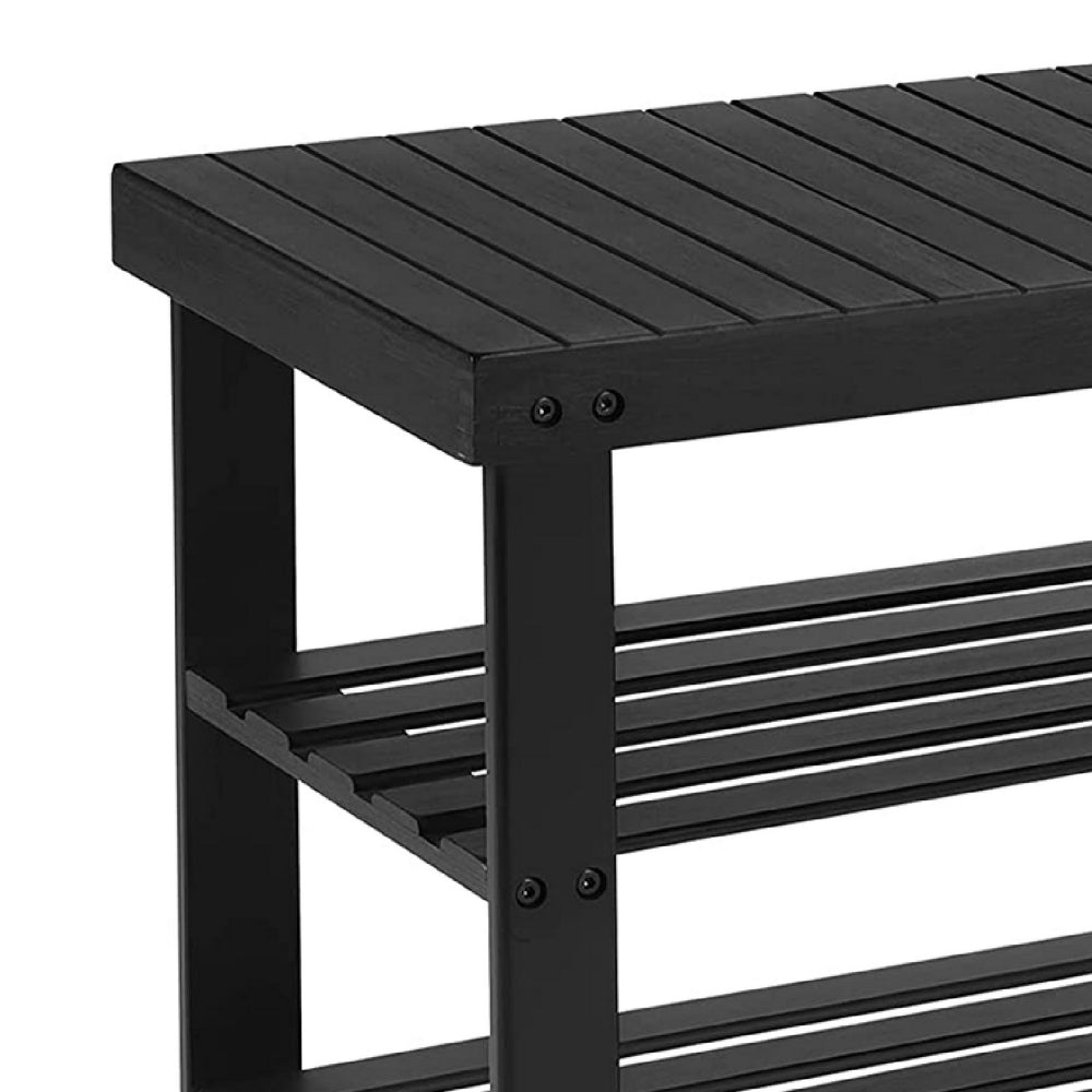 Roy 28 Inch Shoe Bench, 2 Tier Storage Rack, Bamboo Frame, Black - BM277149