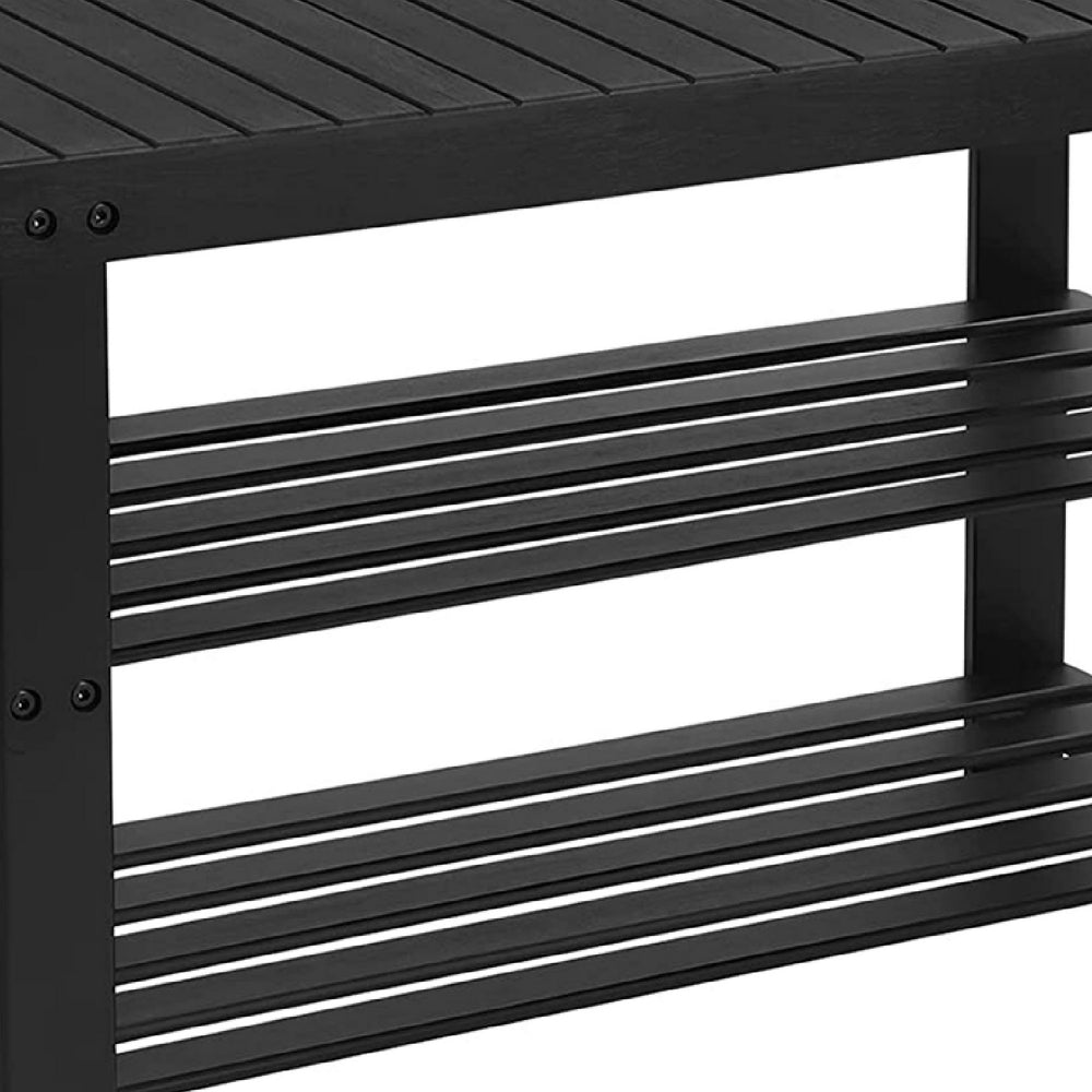 Roy 28 Inch Shoe Bench, 2 Tier Storage Rack, Bamboo Frame, Black - BM277149