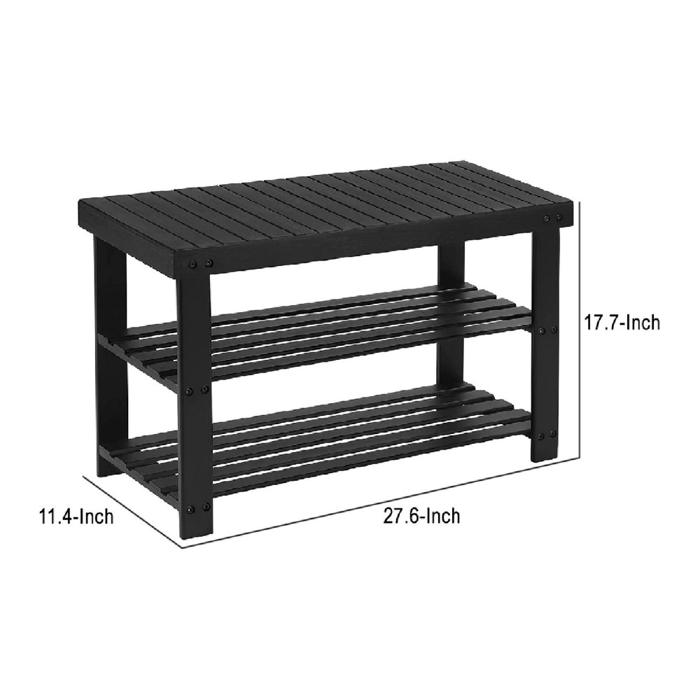 Roy 28 Inch Shoe Bench, 2 Tier Storage Rack, Bamboo Frame, Black - BM277149