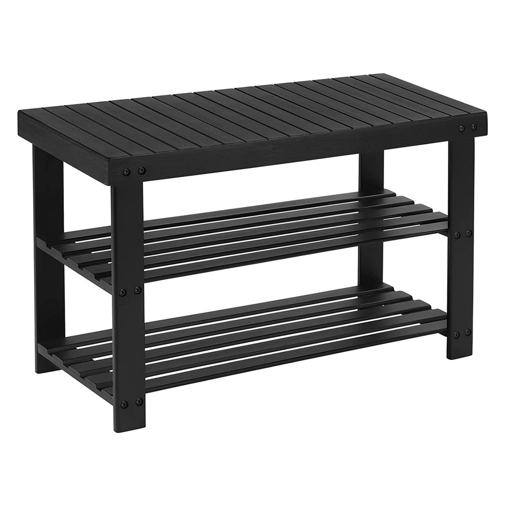 Roy 28 Inch Shoe Bench, 2 Tier Storage Rack, Bamboo Frame, Black - BM277149