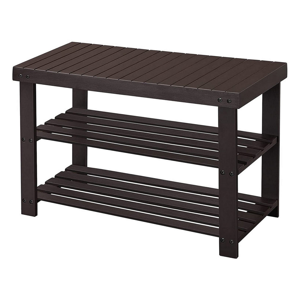 Roy 28 Inch Shoe Bench, 2 Tier Storage Rack, Bamboo Frame, Espresso Brown - BM277150