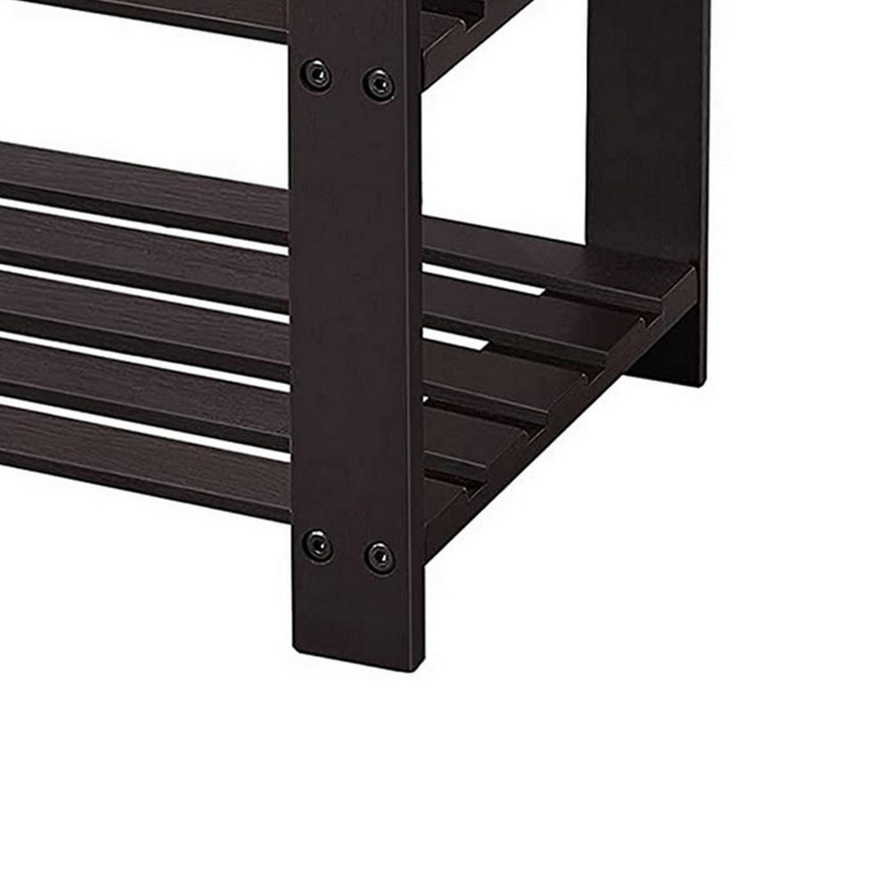 Roy 28 Inch Shoe Bench, 2 Tier Storage Rack, Bamboo Frame, Espresso Brown - BM277150