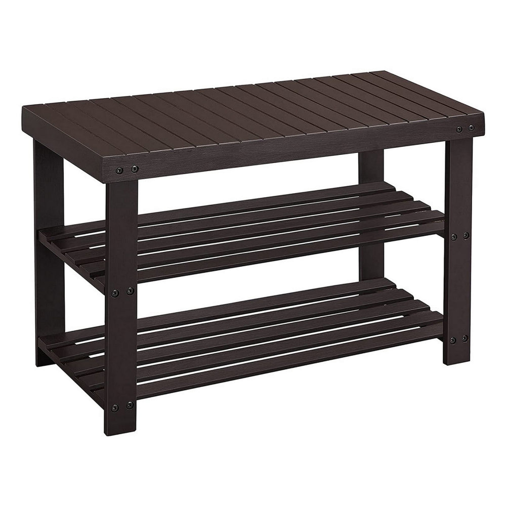 Roy 28 Inch Shoe Bench, 2 Tier Storage Rack, Bamboo Frame, Espresso Brown - BM277150