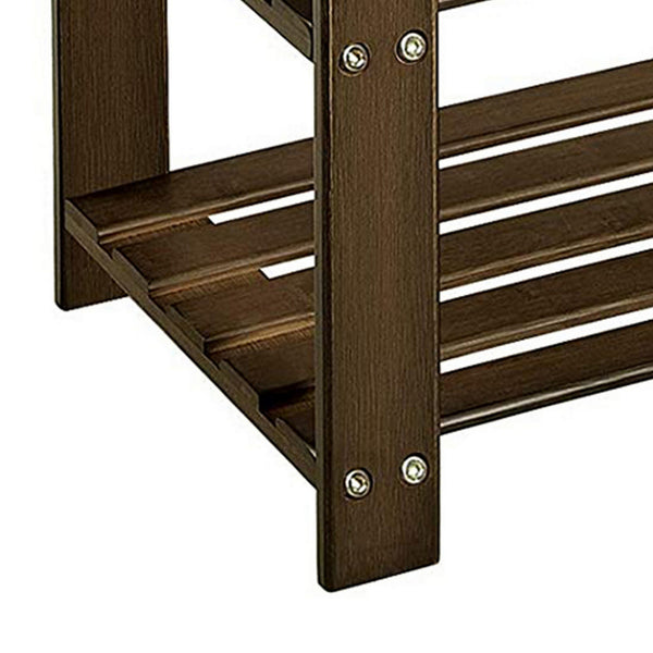 Roy 28 Inch Shoe Bench, 2 Tier Storage Rack, Bamboo Frame, Walnut Brown - BM277151