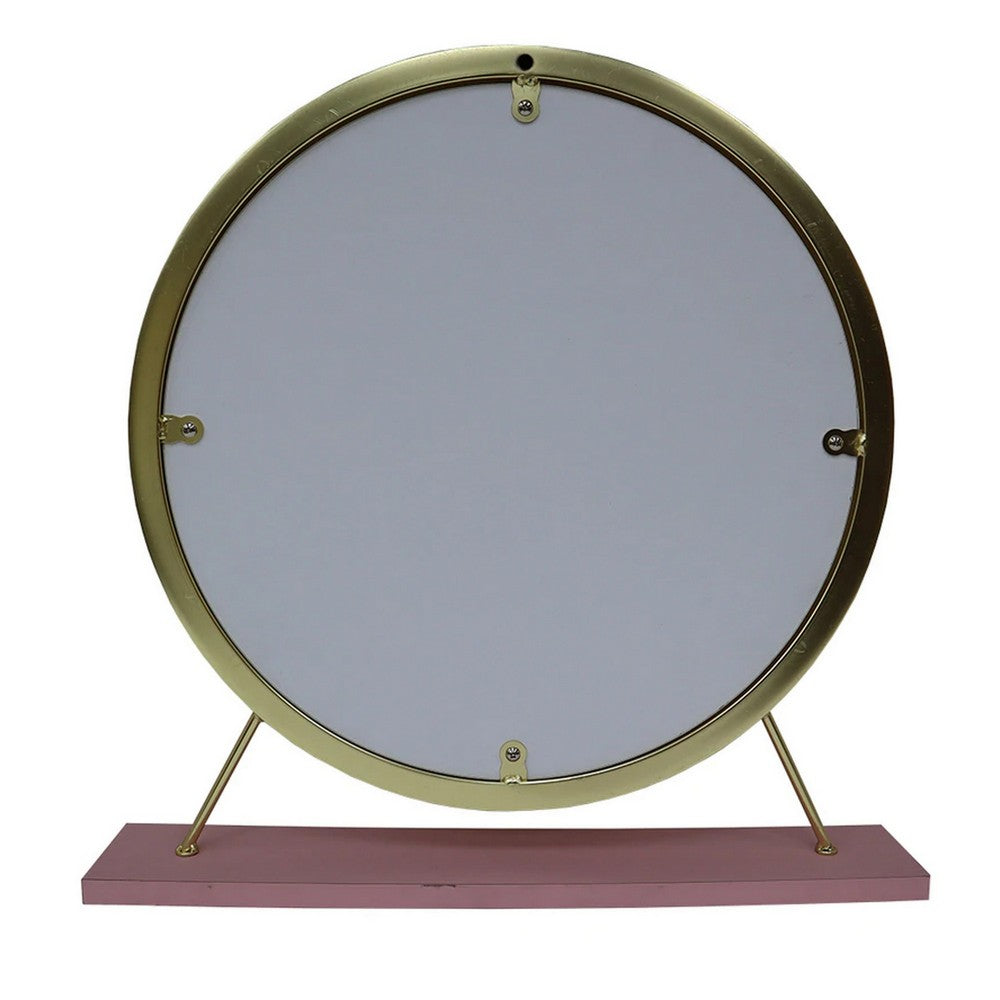 Rose Round Vanity Mirror with Stool, Faux Fur Seat, Brass. Pink - BM278977