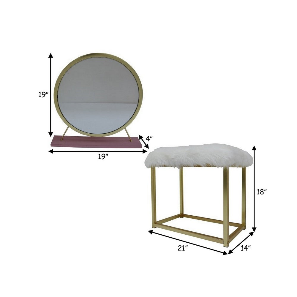 Rose Round Vanity Mirror with Stool, Faux Fur Seat, Brass. Pink - BM278977