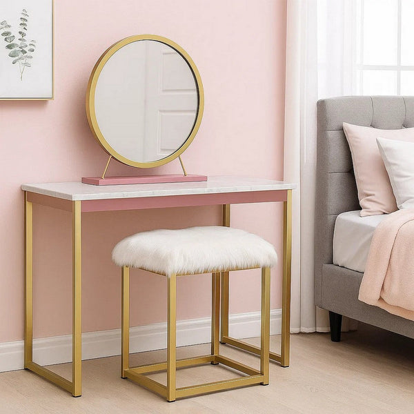 Rose Round Vanity Mirror with Stool, Faux Fur Seat, Brass. Pink - BM278977