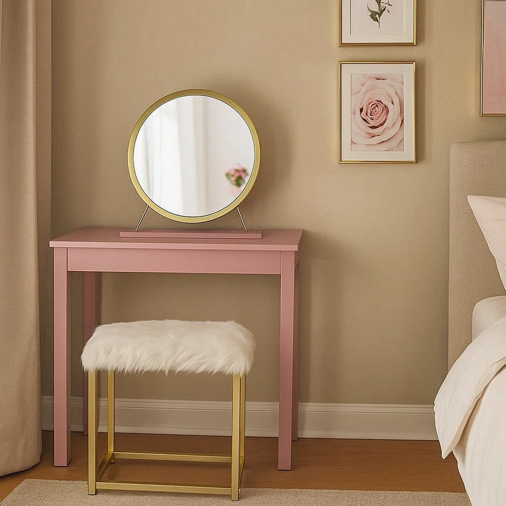 Rose Round Vanity Mirror with Stool, Faux Fur Seat, Brass. Pink - BM278977