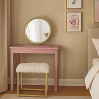 Rose Round Vanity Mirror with Stool, Faux Fur Seat, Brass. Pink - BM278977