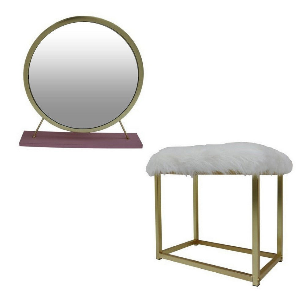 Rose Round Vanity Mirror with Stool, Faux Fur Seat, Brass. Pink - BM278977