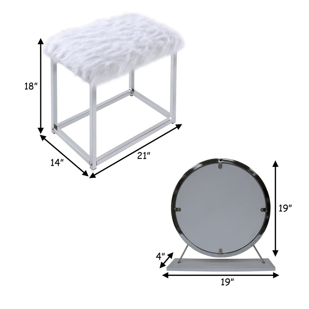 Rose Round Vanity Mirror with Stool, Faux Fur Seat, Gray, White - BM278981