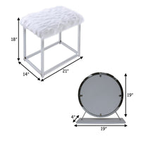Rose Round Vanity Mirror with Stool, Faux Fur Seat, Gray, White - BM278981