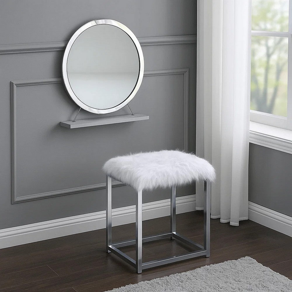 Rose Round Vanity Mirror with Stool, Faux Fur Seat, Gray, White - BM278981