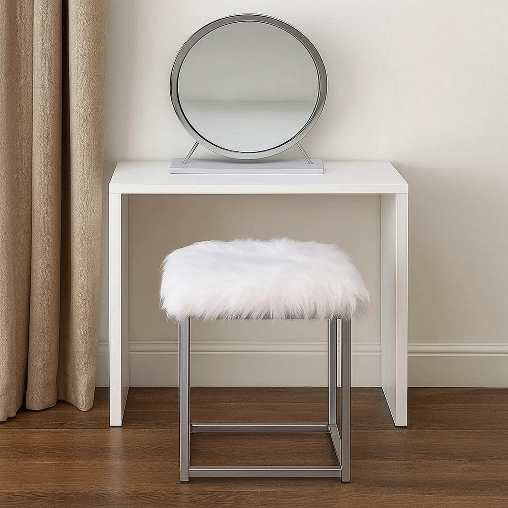 Rose Round Vanity Mirror with Stool, Faux Fur Seat, Gray, White - BM278981