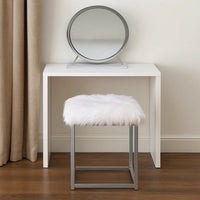 Rose Round Vanity Mirror with Stool, Faux Fur Seat, Gray, White - BM278981