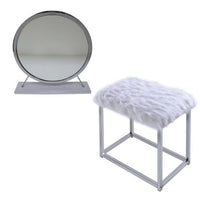 Rose Round Vanity Mirror with Stool, Faux Fur Seat, Gray, White - BM278981