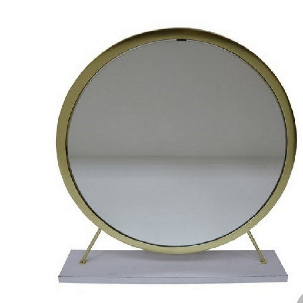 Rose Round Vanity Mirror with Stool, Faux Fur Seat, Brass, White - BM279008