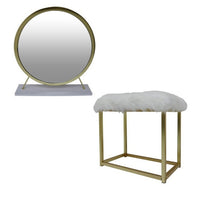Rose Round Vanity Mirror with Stool, Faux Fur Seat, Brass, White - BM279008