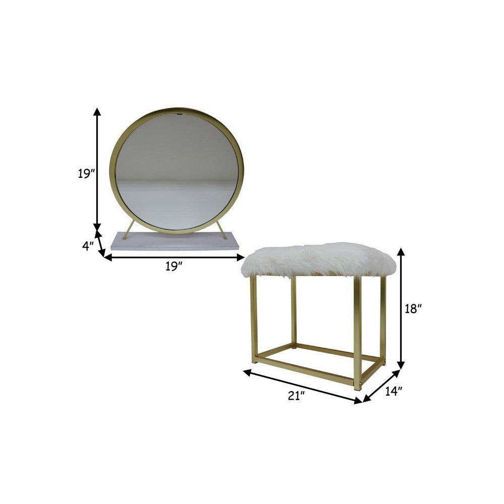 Rose Round Vanity Mirror with Stool, Faux Fur Seat, Brass, White - BM279008