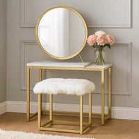 Rose Round Vanity Mirror with Stool, Faux Fur Seat, Brass, White - BM279008